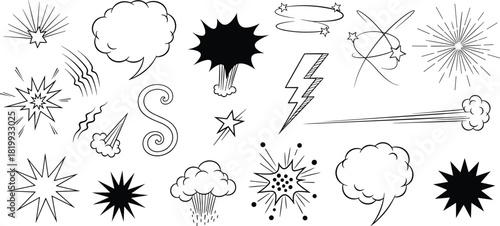 Monochrome collection of hand-drawn comic book elements, featuring pop art explosions, speech bubbles, and action lines for dynamic visual storytelling