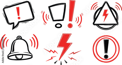 A collection of hand-drawn sketch style warning and alert icons, featuring exclamation marks, lightning bolts, and alarm bells in red and black