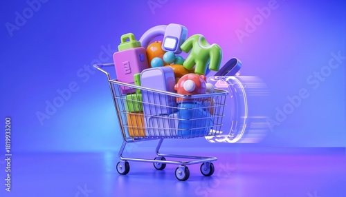Colorful shopping cart filled with various toys in a vibrant digital environment, playful mood, dynamic illustration, copy space
