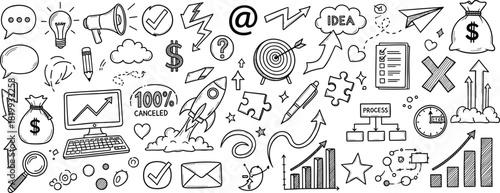 Hand-Drawn Business Doodles Set Collection of Creative Marketing, Finance, and Idea-Related Sketch Icons for Success and Growth Concepts
