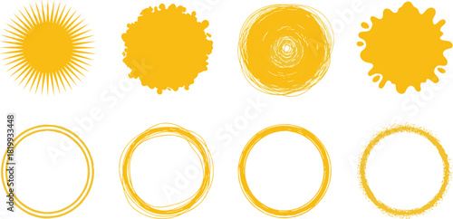 Set of yellow abstract shapes and circular frames on a white background