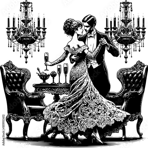 Elegant Ballroom Dance: A romantic couple gracefully moves together in a beautifully decorated ballroom. This moment captures elegance and timeless romance.