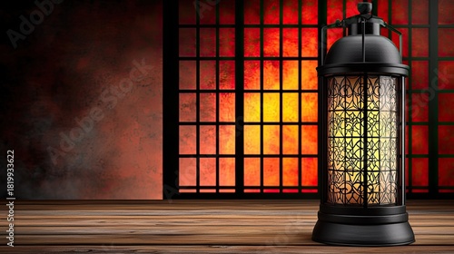 Elegant lantern glows warmly on wood floor against stained glass window backdrop