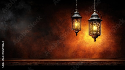 Elegant lanterns casting warm glow, perfect for Ramadan design or decorative accents