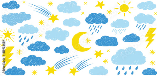 Charming hand-drawn weather and celestial elements collection, featuring fluffy clouds, shining sun, crescent moon, twinkling stars, and falling rain, ideal for whimsical designs