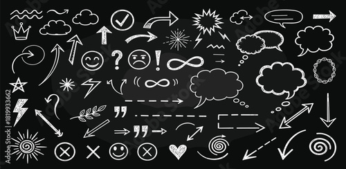 A comprehensive collection of hand-drawn chalk arrows, speech bubbles, and various doodle symbols on a blackboard background, perfect for adding an illustrative, informal touch to design projects
