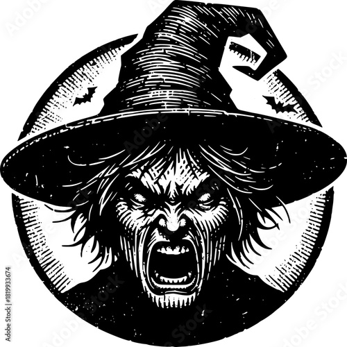 Enraged Witch: A black and white illustration of a witch, wearing a pointed hat, with a sinister expression, evokes the mystery and magic of Halloween.