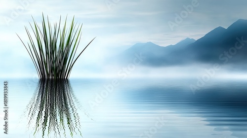 Find serenity in this calming nature scene with misty mountains reflecting on still water landscape photography