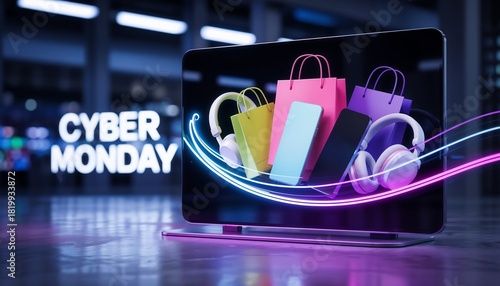 Dynamic digital display for Cyber Monday featuring shopping items and colorful graphics, modern retail setting, energetic atmosphere, copy space