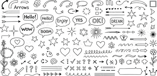 Collection of Hand-Drawn Arrows, Speech Bubbles, Stars, and Decorative Elements for Graphic Design and Illustration