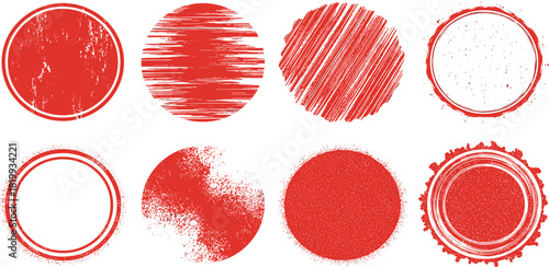 Set of eight different red circular stamp and grunge textures, isolated on a white background