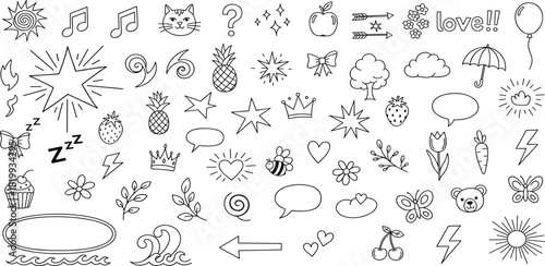 A comprehensive and diverse collection of hand-drawn doodle vector elements, perfect for creative design projects, offering a wide array of cute and whimsical outlines