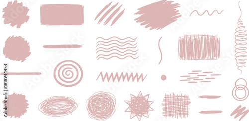 Collection of abstract hand-drawn brush strokes and scribbles in a pastel pink color palette, perfect for design elements