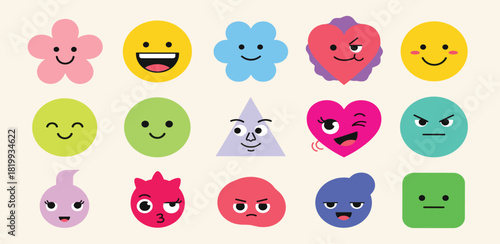 A vibrant collection of cute and quirky geometric character emoticons expressing a wide range of emotions and feelings