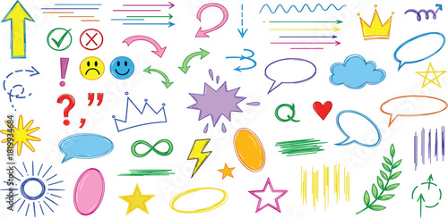 A diverse set of colorful hand-drawn doodle elements including arrows, speech bubbles, checkmarks, and abstract marker scribbles for creative projects