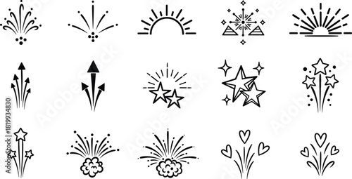 A graphic elements collection of celebration icons, including fireworks, sunbursts, stars, and sparkles in a clean line art style