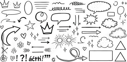 A collection of abstract hand-drawn design elements, including arrows, speech bubbles, stars, clouds, and decorative shapes, perfect for creative projects