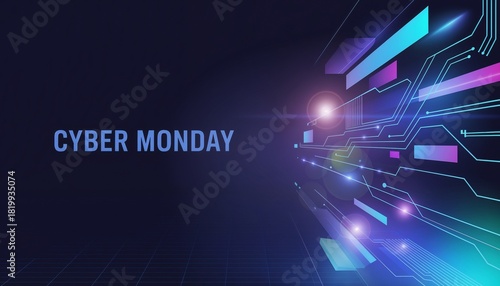 Futuristic Cyber Monday digital banner with glowing circuits and copy space