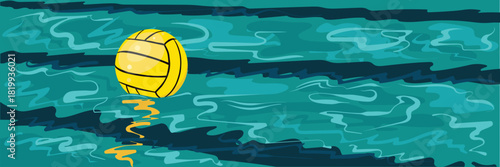 A yellow water polo ball in a pool. Template and free space for advertising and announcements the competition. Sports equipment. Vector image of waves and reflections in water background in flat style