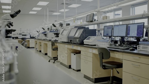 Modern, well-equipped laboratory with microscopes, computers, and various scientific instruments, ready for research and...