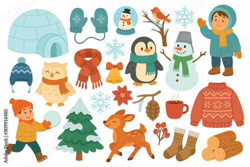 Cute winter clipart set with characters, animals, clothing, decorations, nature elements, and cozy seasonal details.