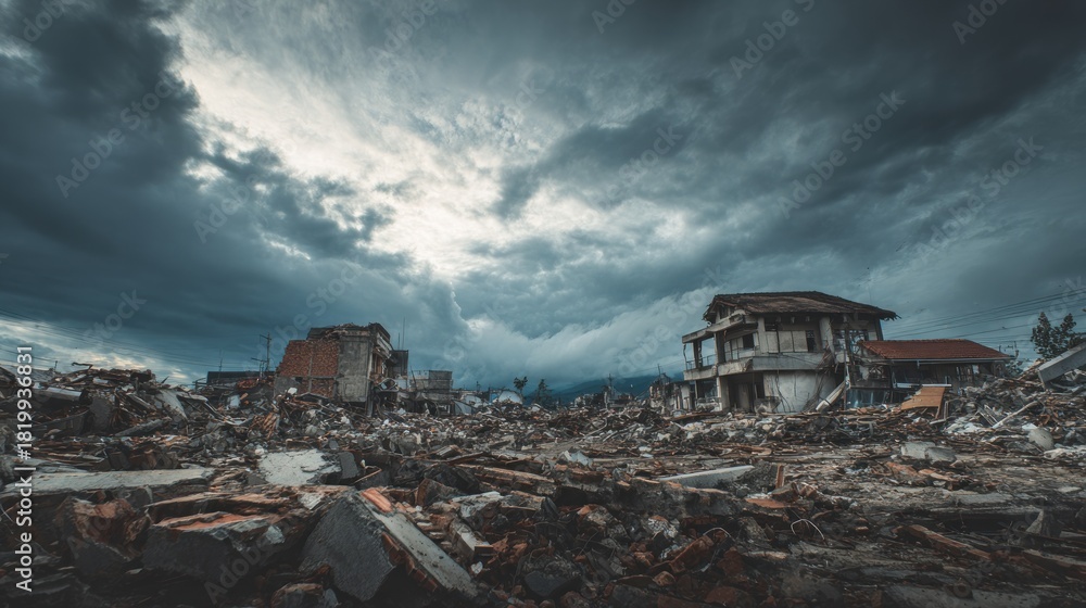 Fototapeta premium Devastated city after a disaster, ruins and stormy clouds above scene