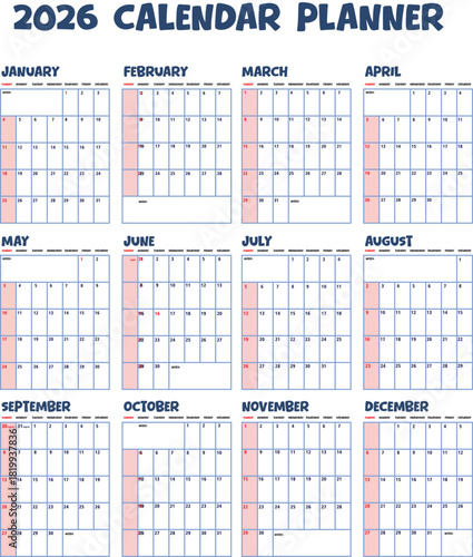 A clean 2026 calendar planner featuring 12 monthly grids, blue outlines, and pink Sunday columns. Minimal, readable, and perfect for organizing yearly schedules.