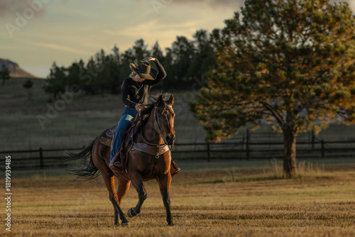 Colorado cowgirl riding bay quarter horse ranch front range hanging onto hat holding hat