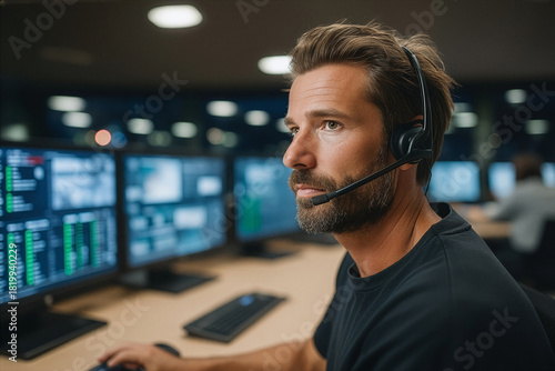 Focused customer service agent using headset while monitoring digital screens in modern operations center