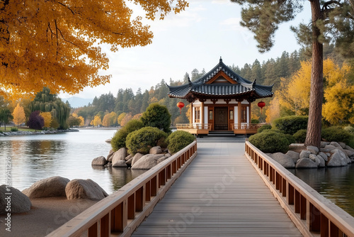 Scenic Chinese pavilion surrounded by golden autumn trees beside lake with footbridge and calm water