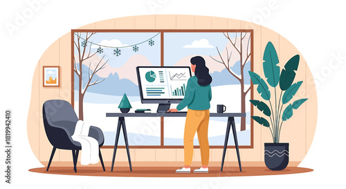 Woman Working at Home Office with Winter View.
