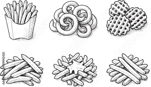 Hand drawn vintage french fries set with curly fries, waffle fries and potato snack illustration