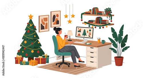Woman working from home during Christmas season with festive decorations.