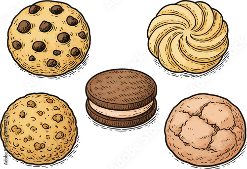 Color hand drawn cookie and biscuit collection with chocolate chips and cream filled dessert set