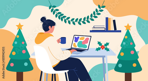 Woman working from home during Christmas season with festive decorations.