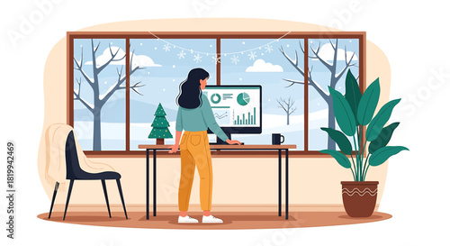 Woman working from home during winter season.