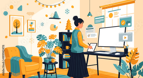 Woman working from home in a cozy, festive room.