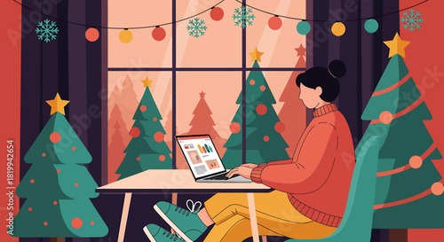 Woman working on laptop during Christmas season at home.