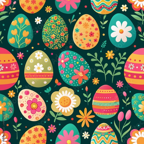 Vibrant Generative AI Easter Egg Pattern with Floral Spring Motifs