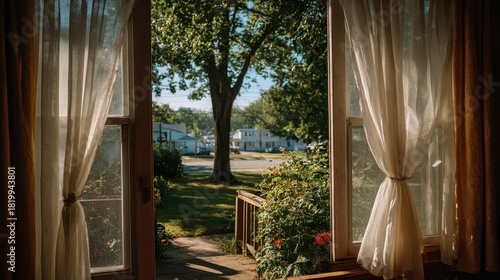 Open Doorway View to Suburban Street with Curtains, Green Lawn, and Mature Tree on a Sunny Day, Home Interior