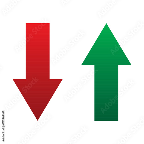 Up and Down sign with green and red arrows vector illustration. Concept of sales bar chart symbol icon with arrow moving down and sales bar chart with arrow moving up.	