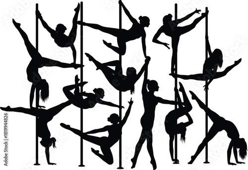 Large Collection of Pole Dance and Fitness Silhouettes Vector Illustration, Featuring Female Dancers Performing Acrobatic and Gymnastic Poses for Sport and Studio Graphics