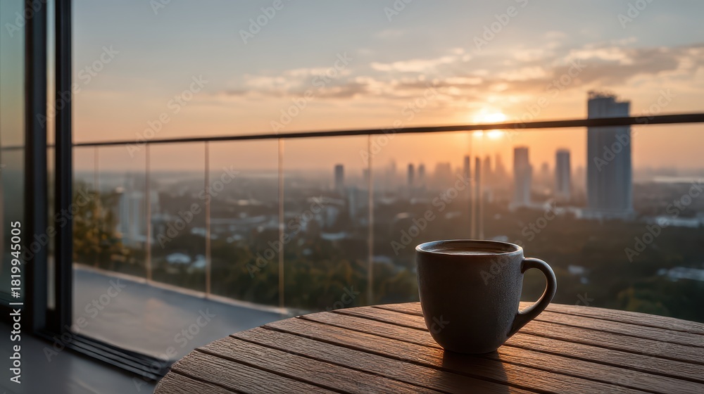 Fototapeta premium Coffee Cup on Balcony Table with Cityscape View at Sunrise, Morning Beverage, Relaxation, Urban Living, Beautiful Light and Warmth