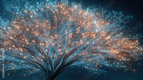 Abstract Glowing Tree with Blue Branches and Golden Lights, Artificial Intelligence Concept, Futuristic Technology Background