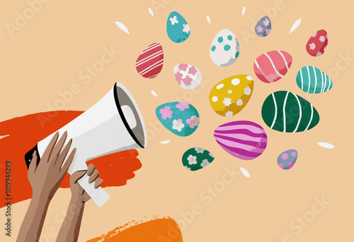 Spring Easter Announcement with Colorful Eggs and Megaphone Illustration