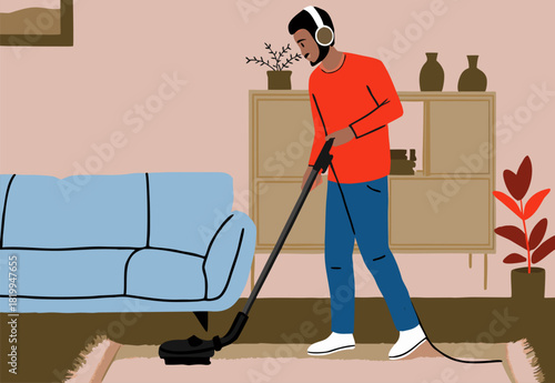 Man in Red Sweater Vacuums Living Room with Headphones