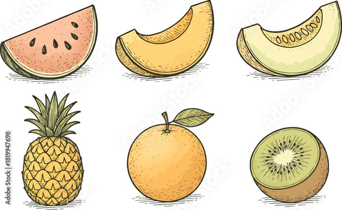 Color hand drawn fruit set with watermelon, melon slices, pineapple, orange and kiwi illustration