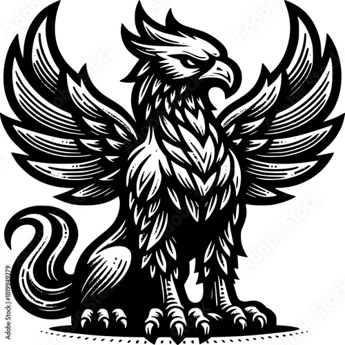 Griffin Engraving: A majestic griffin in a captivating engraving, a mythical creature with the body of a lion and the head and wings of an eagle, exuding power and guardianship. 