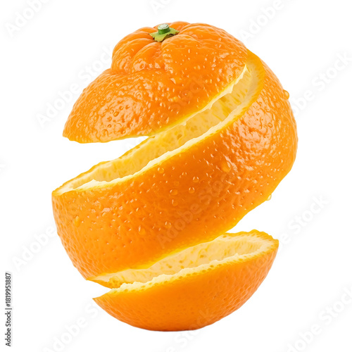 Close up of a bright orange with a spiral peel on a black background showing the white pith of the fruit