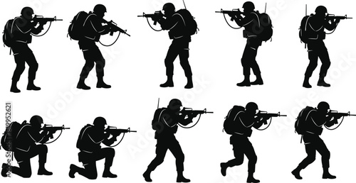 Black Silhouette of Military Soldiers in Tactical Gear and Combat Positions, Army Personnel with Rifles and Backpacks, Isolated Vector Illustration Set for War, Defense, and Security Graphics